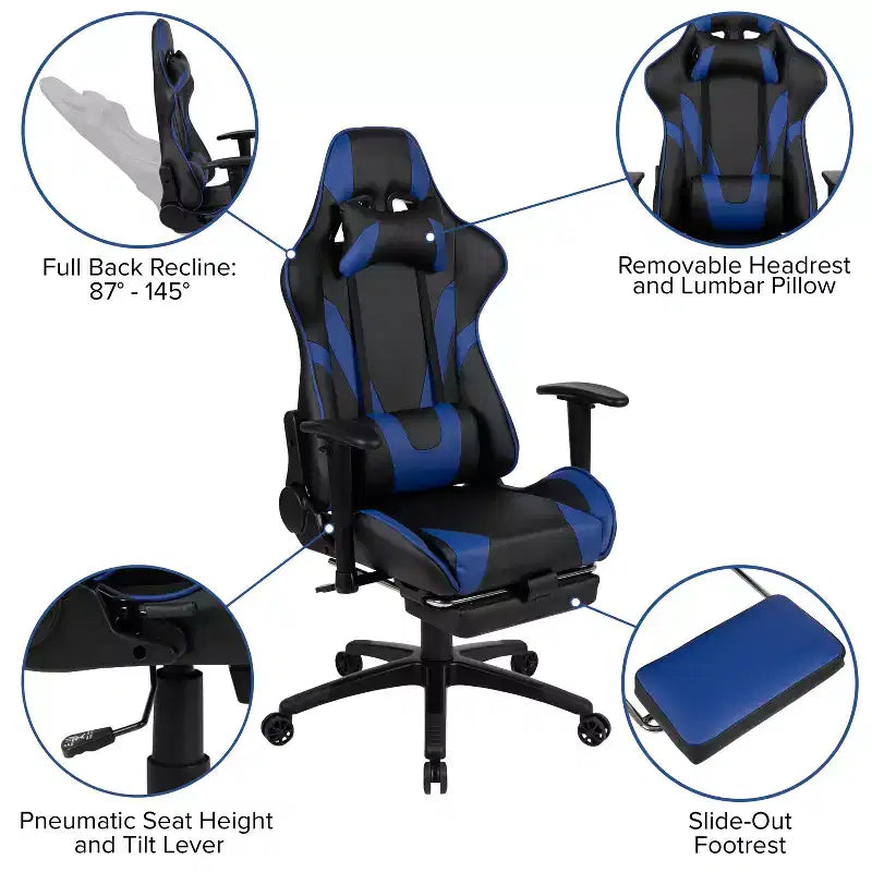 Fauteuil de jeu de course ergonomique de bureau pour ordinateur avec dossier entièrement inclinable et repose-pieds coulissant en cuir souple rouge