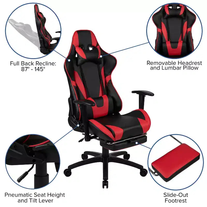Fauteuil de jeu de course ergonomique de bureau pour ordinateur avec dossier entièrement inclinable et repose-pieds coulissant en cuir souple rouge