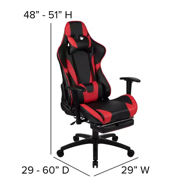 Fauteuil de jeu de course ergonomique de bureau pour ordinateur avec dossier entièrement inclinable et repose-pieds coulissant en cuir souple rouge