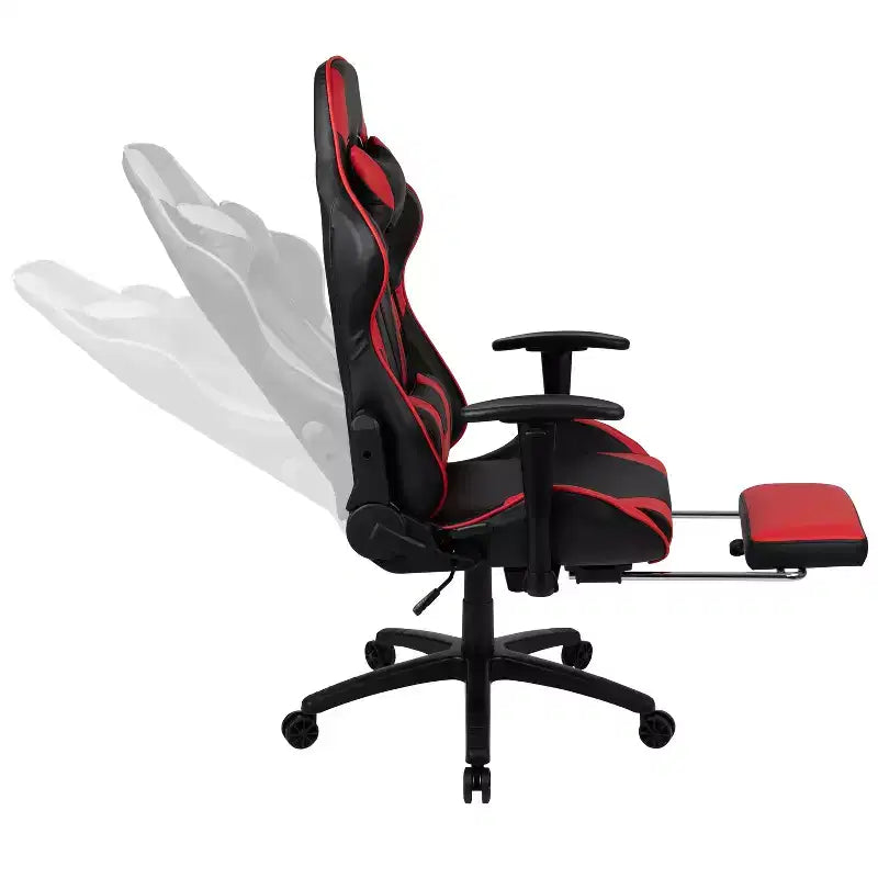 Fauteuil de jeu de course ergonomique de bureau pour ordinateur avec dossier entièrement inclinable et repose-pieds coulissant en cuir souple rouge