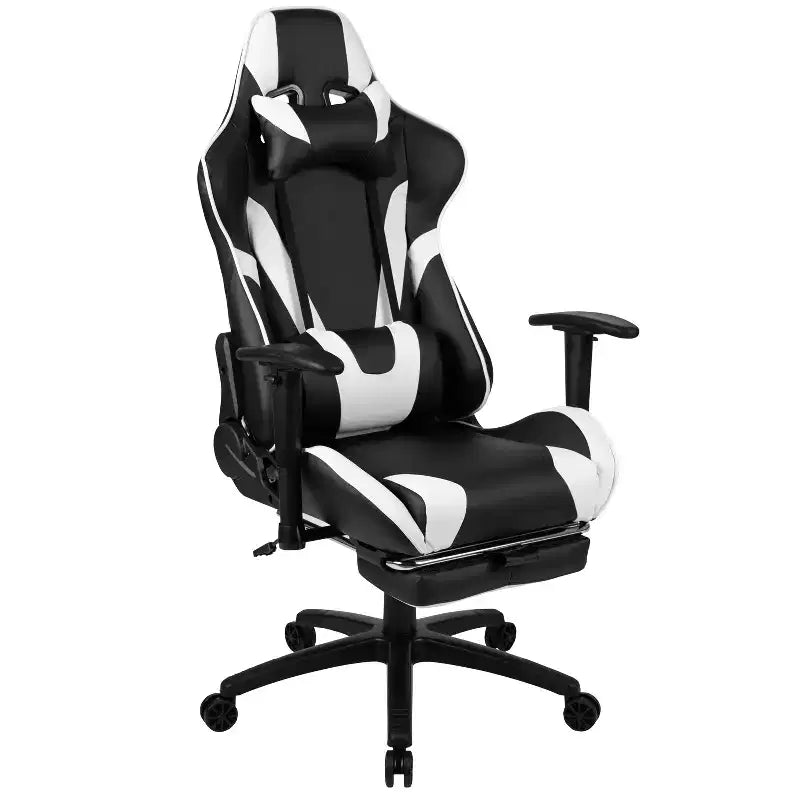 Fauteuil de jeu de course ergonomique de bureau pour ordinateur avec dossier entièrement inclinable et repose-pieds coulissant en cuir souple rouge