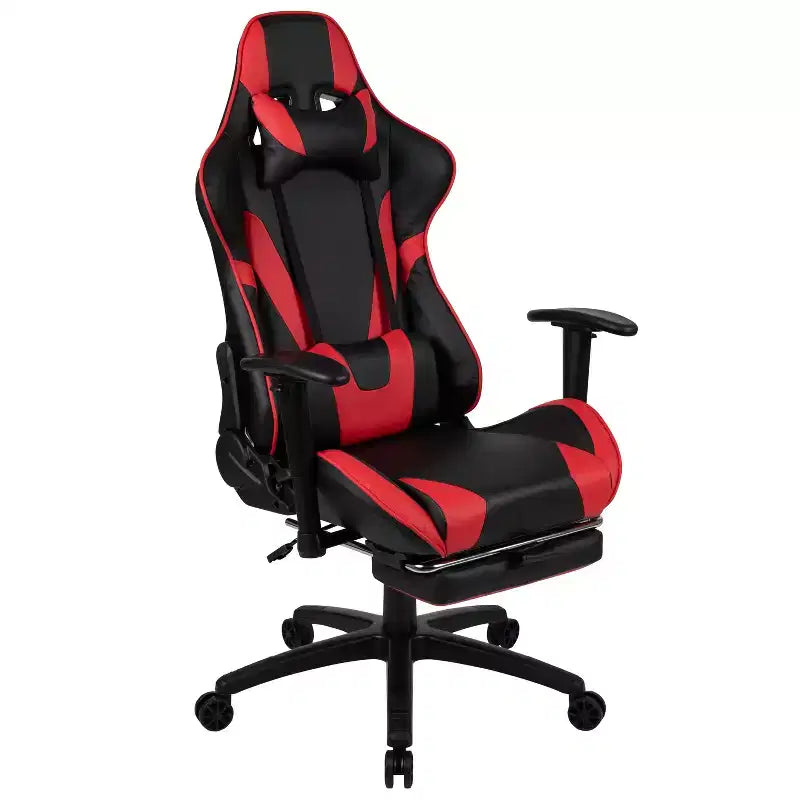 Fauteuil de jeu de course ergonomique de bureau pour ordinateur avec dossier entièrement inclinable et repose-pieds coulissant en cuir souple rouge