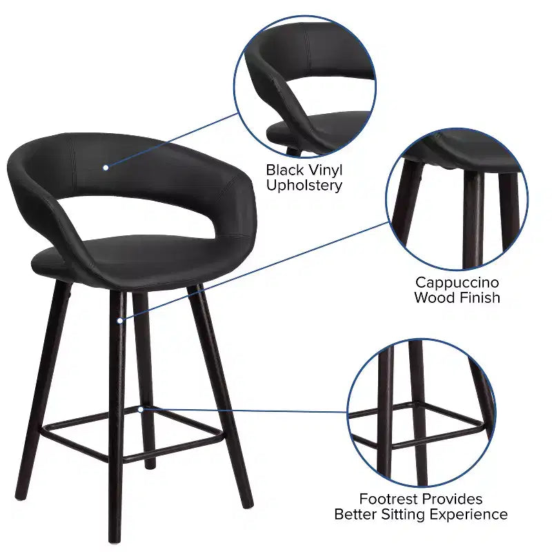 Tabouret de comptoir contemporain de 24 po de hauteur avec dossier arrondi en vinyle et structure en bois cappuccino