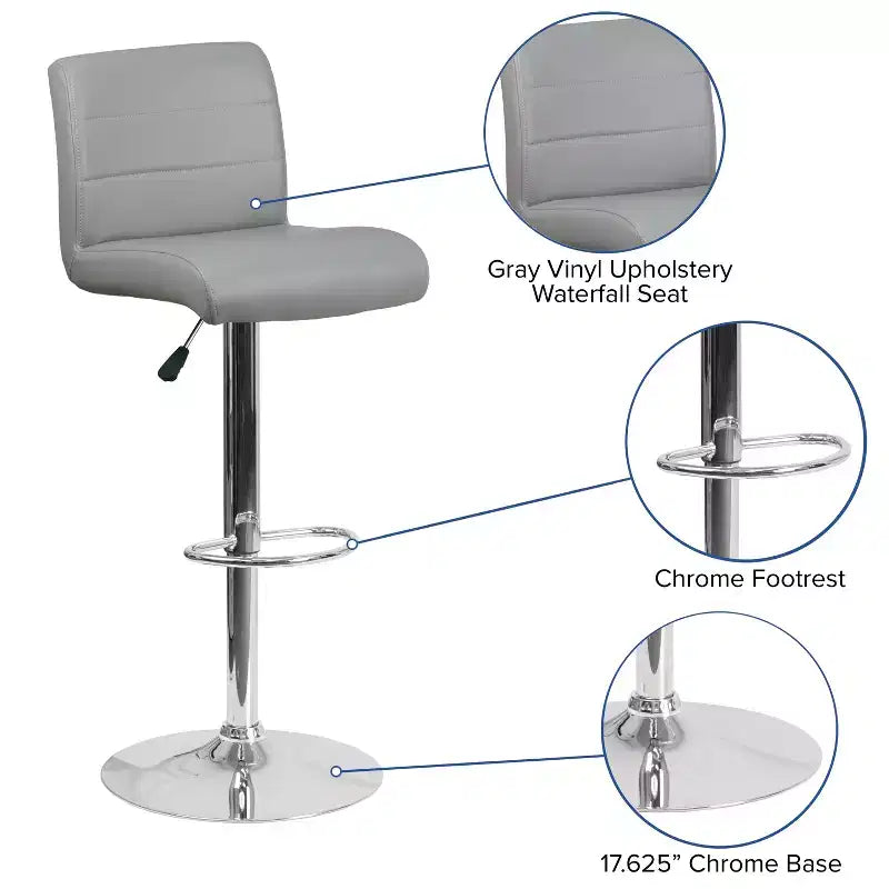 Tabouret de bar contemporain en vinyle à hauteur réglable avec assise roulée et base chromée