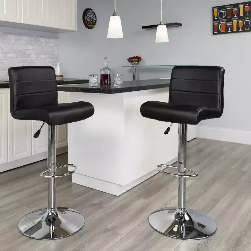 Tabouret de bar contemporain en vinyle à hauteur réglable avec assise roulée et base chromée