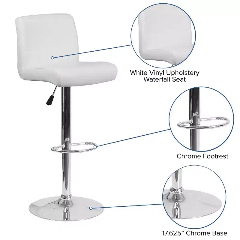 Tabouret de bar contemporain en vinyle à hauteur réglable avec assise roulée et base chromée
