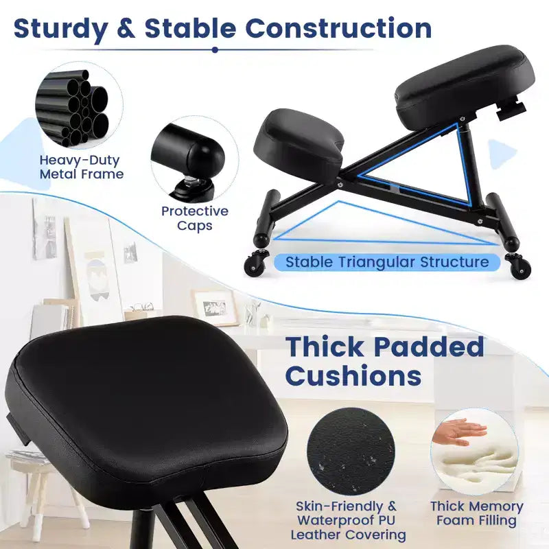 Chaise ergonomique à genoux Tabouret réglable avec roues universelles verrouillables Siège inclinable